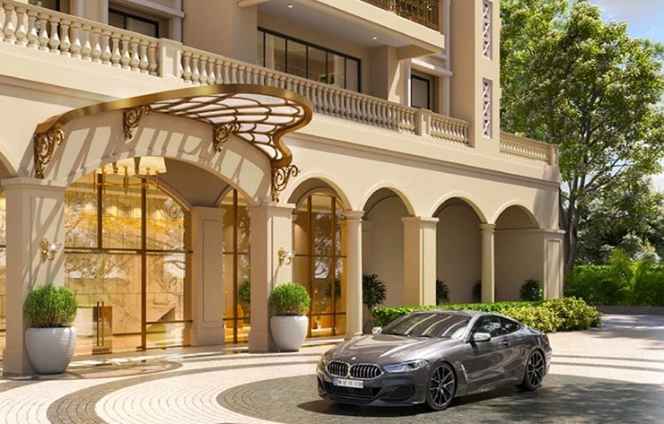 Residential entrance with covered driveway
